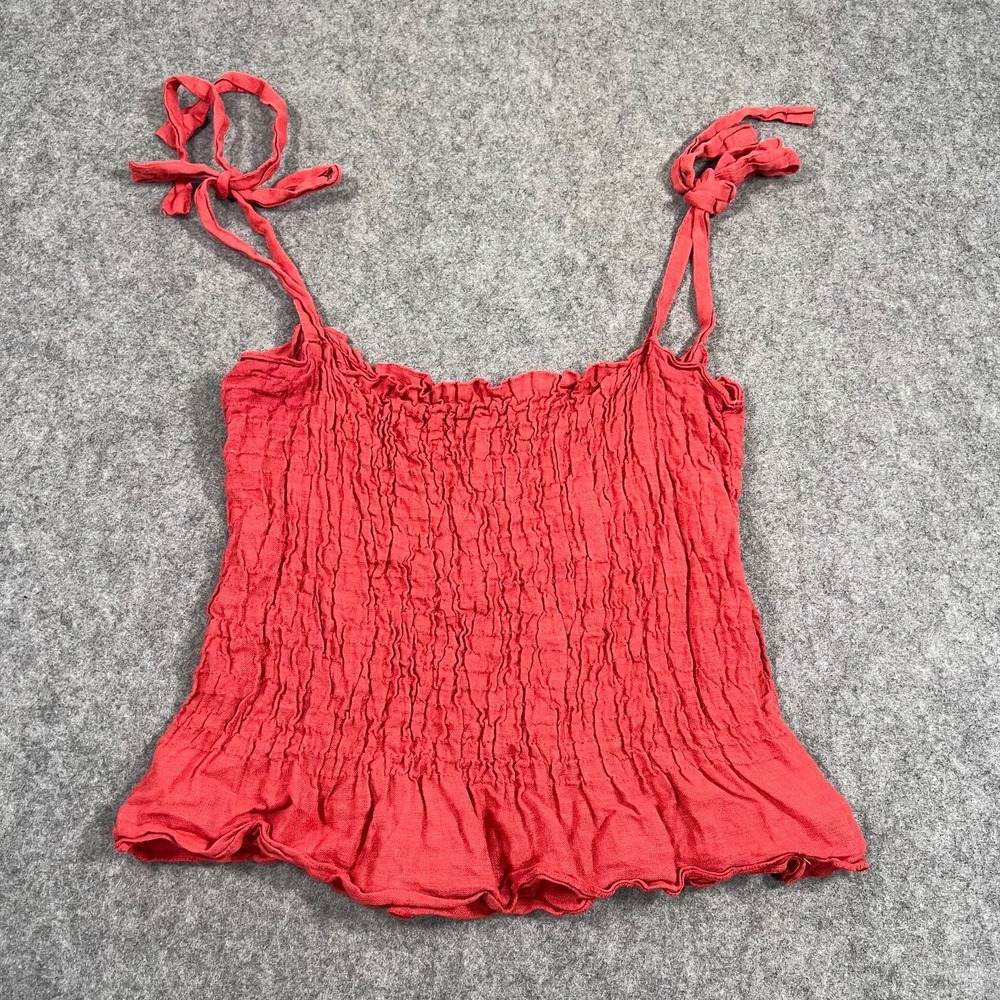 Scandal Coral Red Linen Smocked Tie Shoulder Cropped Tank Top Women's One Size